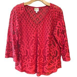 Fig and Flower Sz S Red Lace Boho Flared Sleeves 2-Piece Tank & Overlay Top